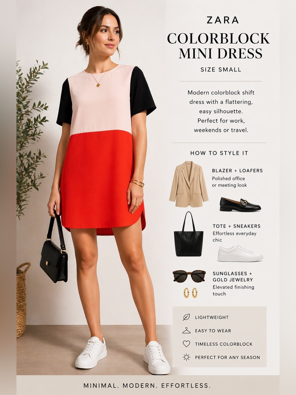 Zara Colorblock Shift Mini Dress Small Blush Pink Red Black Mod Short Sleeve - Picture 2 of 16